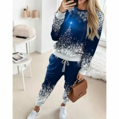 Women's Sweatshirt Tracksuit Pants Sets Blue Graphic Drawstring Print Long Sleeve Outdoor Casual Sports Christmas Round Neck Regular Fit Spring &Fall