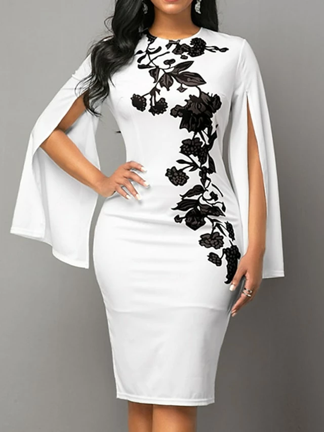 Women's Bodycon Sheath Dress Church Dress Midi Dress Black White Long Sleeve Floral Split Summer Spring Crew Neck Stylish Winter Dress Fall Dress 2023 S M L XL XXL 6 Women's Bodycon Sheath Dress Church Dress Midi Dress Black White Long Sleeve Floral Split Summer Spring Crew Neck Stylish Winter Dress Fall Dress 2023 S M L XL XXL - Image 4