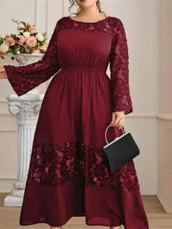 Women's Plus Size Prom Dress Party Dress Wedding Guest Dress Long Dress Maxi Dress Wine Long Sleeve Pure Color Ruched Fall Winter Autumn Crew Neck Fashion Winter Dress Wedding Guest Evening Party