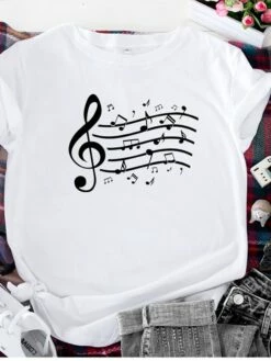 Women's T Shirt Tee 100% Cotton Black White Light Green Music Print Short Sleeve Daily Weekend Basic Round Neck Regular Fit -LIGHTINTHEBOX Shop dceucp1646893750508