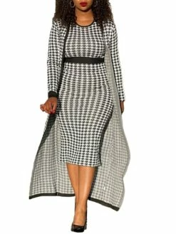 Women's Two Piece Dress Set Casual Dress Sheath Dress Daily Going Out Streetwear Modern Print Midi Dress Crew Neck Long Sleeve Houndstooth Regular Fit Black Fall Winter S M L XL XXL -LIGHTINTHEBOX Shop dctycq1695194337094