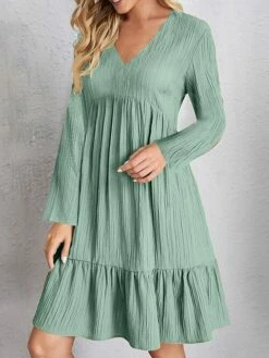 Women's Casual Dress Plain Dress Midi Dress Ruched Outdoor Street Daily Fashion Streetwear V Neck Long Sleeve 2023 Regular Fit Black Pink Red Color S M L XL XXL Size