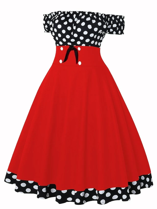 Women‘s Christmas Swing Dress Vintage Dress Midi Dress Black Red Short Sleeve Polka Dot Ruched Fall Spring Summer Off Shoulder Vintage Style Vacation Weekend 2022 S M L XL XXL 8 Women‘s Christmas Swing Dress Vintage Dress Midi Dress Black Red Short Sleeve Polka Dot Ruched Fall Spring Summer Off Shoulder Vintage Style Vacation Weekend 2022 S M L XL XXL - Image 6