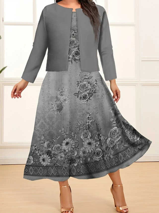 Women's Plus Size Curve Two Piece Dress Set Casual Dress Swing Dress Outdoor Office Fashion Streetwear Print Midi Dress Crew Neck Long Sleeve Floral Ombre Navy Blue Blue Brown Fall Winter L XL 6 Women's Plus Size Curve Two Piece Dress Set Casual Dress Swing Dress Outdoor Office Fashion Streetwear Print Midi Dress Crew Neck Long Sleeve Floral Ombre Navy Blue Blue Brown Fall Winter L XL - Image 4