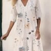 Women's Casual Dress Cotton Linen Dress Midi Dress Polyester Fashion Casual Daily Outdoor Daily Vacation V Neck Print Half Sleeve Spring Fall Autumn 2023 Loose Fit White Floral S M L XL 2XL