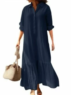 Women's Casual Dress Cotton Dress Swing Dress Maxi Long Dress Cotton Basic Classic Outdoor Daily Vacation Shirt Collar Ruched Button Long Sleeve Spring Fall Winter 2023 Loose Fit Blue Green Khaki -LIGHTINTHEBOX Shop degxnq1695283867680