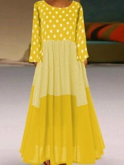 Women‘s Plus Size Curve Holiday Dress Polka Dot Crew Neck Print Long Sleeve Fall Spring Casual Maxi Long Dress Daily Weekend Dress Cotton