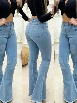 Women‘s Flare Jeans Bootcut Bell Bottom Full Length Denim Micro-elastic High Waist Fashion Streetwear Street Daily Black Dark Blue S M Fall Winter