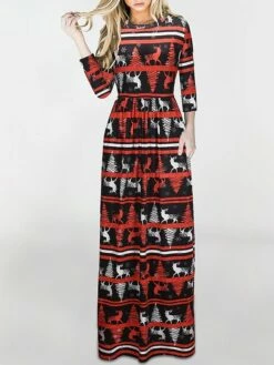 Women‘s Christmas Holiday Casual Vintage Dress Long Dress Maxi Dress Party Ruched Patchwork Santa Claus Crew Neck Long Sleeve Regular Fit Fall Winter 2023 Black White S M L XL -LIGHTINTHEBOX Shop deuwav1694165883268
