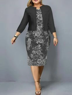 Women's Plus Size Curve Casual Dress Dress Set Two Piece Dress Floral Midi Dress Long Sleeve Print Crew Neck Fashion Outdoor Black Blue Fall Winter L XL XXL 3XL 4XL -LIGHTINTHEBOX Shop dfduns1695103059882