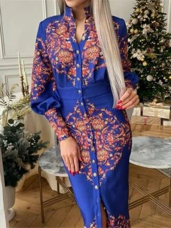 Women's Shirt Dress Casual Dress Bodycon Midi Dress Outdoor Office Daily Polyester Fashion Romantic Stand Collar Button Print Long Sleeve Summer Spring Fall 2023 Slim Blue Khaki Floral S M L XL 2XL -LIGHTINTHEBOX Shop dgodxx1689227623535