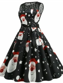 Women's Christmas Party Dress Lace Dress Midi Dress Black Sleeveless Santa Claus Print Hat Lace Ruched Bow Winter Fall Crew Neck Vintage Party 2022 S M L XL 2XL -LIGHTINTHEBOX Shop dgohig1666258265945