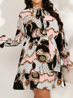 Women's Plus Size Curve Casual Dress Chiffon Dress A Line Dress Geometric Color Block Midi Dress Long Sleeve Lace Up Print Stand Collar Fashion Daily Pink Blue Fall Winter L XL XXL 3XL 4XL -LIGHTINTHEBOX Shop dhcujl1695025296716