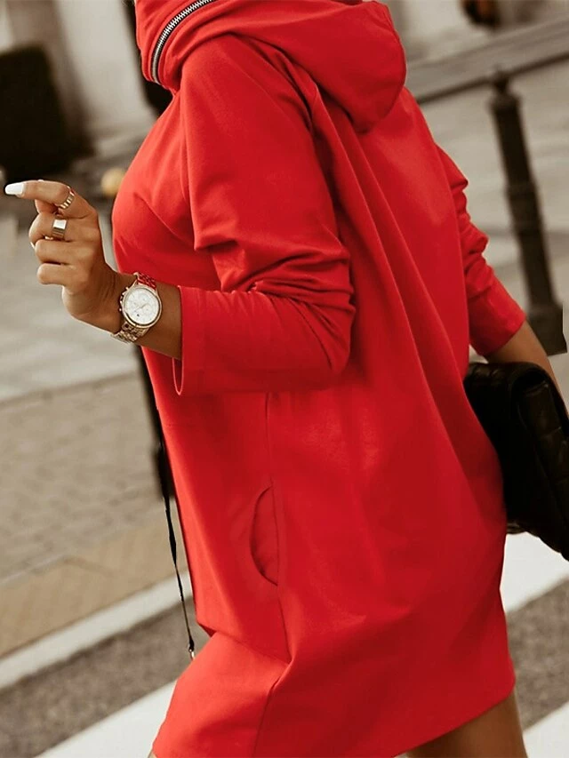 Women‘s Hoodie Dress Winter Dress Black Army Green Red Long Sleeve Pure Color Zipper Pocket Winter Fall Hooded Stylish Modern Mature Fall Dress 2022 S M L XL XXL 3XL 4XL 5XL 4 Women‘s Hoodie Dress Winter Dress Black Army Green Red Long Sleeve Pure Color Zipper Pocket Winter Fall Hooded Stylish Modern Mature Fall Dress 2022 S M L XL XXL 3XL 4XL 5XL - Image 2