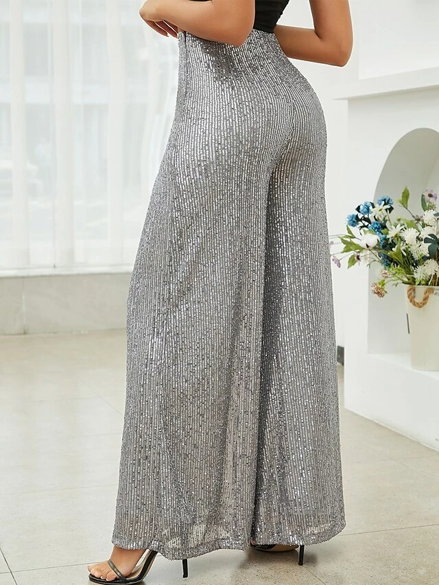 Women's Wide Leg Pants Trousers Sparkly Pants Full Length Fashion Streetwear Party Street Silver White XS S Fall Winter 4 Women's Wide Leg Pants Trousers Sparkly Pants Full Length Fashion Streetwear Party Street Silver White XS S Fall Winter - Image 2