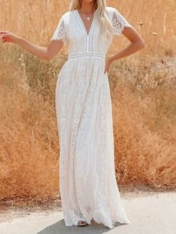 Women's Party Dress Lace Dress White Dress Long Dress Maxi Dress White Pink Half Sleeve Pure Color Lace Summer Spring Fall V Neck Gothic Party Spring Dress 2022 S M L XL XXL