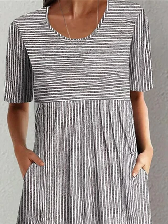 Women's Casual Dress Summer Dress Print Dress Stripe Ruched Pocket Crew Neck Midi Dress Active Fashion Outdoor Daily Short Sleeve Regular Fit Gray Summer S M L XL XXL 4 Women's Casual Dress Summer Dress Print Dress Stripe Ruched Pocket Crew Neck Midi Dress Active Fashion Outdoor Daily Short Sleeve Regular Fit Gray Summer S M L XL XXL - Image 2