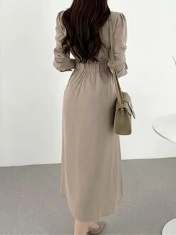 Women's Work Dress Semi Formal Dress A Line Dress Fashion Office Daily Workfashion Midi Dress Ruched Button Shirt Collar Long Sleeve Plain Loose Fit Black Brown Apricot Fall Winter S M L XL -LIGHTINTHEBOX Shop dkhnrv1695805439073