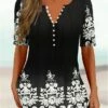 Women's T Shirt Tee Black Blue Green Floral Print Short Sleeve Casual Daily Vintage Tunic V Neck Loose Fit Floral