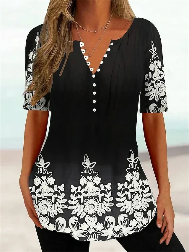 Women's T Shirt Tee Black Blue Green Floral Print Short Sleeve Casual Daily Vintage Tunic V Neck Loose Fit Floral 3 Women's T Shirt Tee Black Blue Green Floral Print Short Sleeve Casual Daily Vintage Tunic V Neck Loose Fit Floral