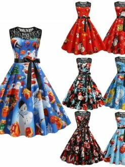Womenâs Christmas Retro 1950s Vintage Dress Midi Dress Party Patchwork Bow Santa Claus Crew Neck Sleeveless Regular Fit Fall Winter 2023 Black Wine S M L XL