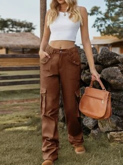 Women's Cargo Pants Chinos Baggy Full Length Denim Baggy Micro-elastic Mid Waist Fashion Streetwear Outdoor Causal Light Khaki Black S M Fall Winter -LIGHTINTHEBOX Shop dldssx1692182854958