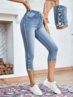 Women's Pants Trousers Leggings Calf-Length Denim Pocket Micro-elastic High Waist Fashion Streetwear Street Daily Blue S M Summer Fall
