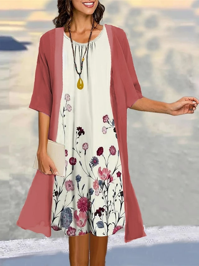 Women's Two Piece Dress Set Casual Dress Print Dress Outdoor Daily Fashion Elegant Print Midi Dress Crew Neck 3/4 Length Sleeve Floral Regular Fit Black Yellow Red Summer Spring S M L XL XXL 6 Women's Two Piece Dress Set Casual Dress Print Dress Outdoor Daily Fashion Elegant Print Midi Dress Crew Neck 3/4 Length Sleeve Floral Regular Fit Black Yellow Red Summer Spring S M L XL XXL - Image 4