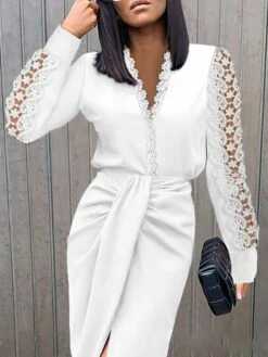 Women's Party Dress Lace Dress Sheath Dress Knee Length Dress Black White Long Sleeve Pure Color Lace Fall V Neck Work 2023 S M L XL XXL -LIGHTINTHEBOX Shop dltkxj1662028146662