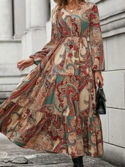 Women's Casual Dress Swing Dress A Line Dress Floral Print V Neck Midi Dress Active Fashion Outdoor Street Long Sleeve Loose Fit Black Red Fall Winter S M L XL XXL