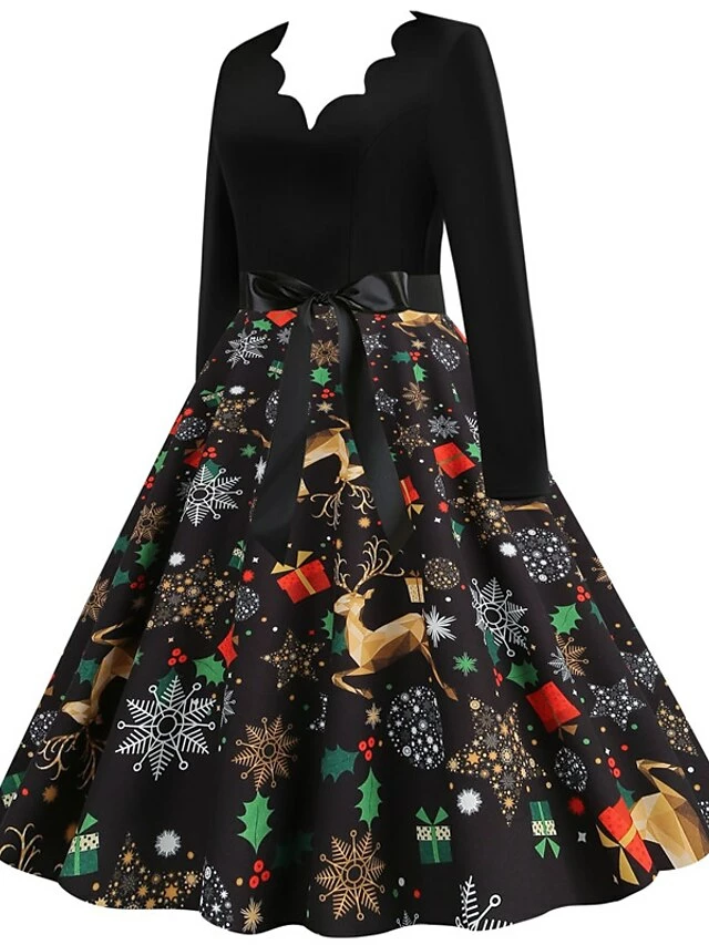 Women's Christmas Casual Dress Swing Dress Vintage Dress Midi Dress Black Wine Orange Long Sleeve Animal Bow Winter Fall Autumn V Neck 2022 S M L XL XXL 3XL 6 Women's Christmas Casual Dress Swing Dress Vintage Dress Midi Dress Black Wine Orange Long Sleeve Animal Bow Winter Fall Autumn V Neck 2022 S M L XL XXL 3XL - Image 4