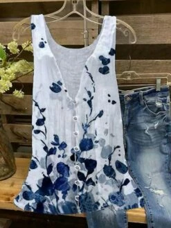 Women's Tank Top White Blue Floral Button Print Sleeveless Casual Basic V Neck Regular Fit Floral