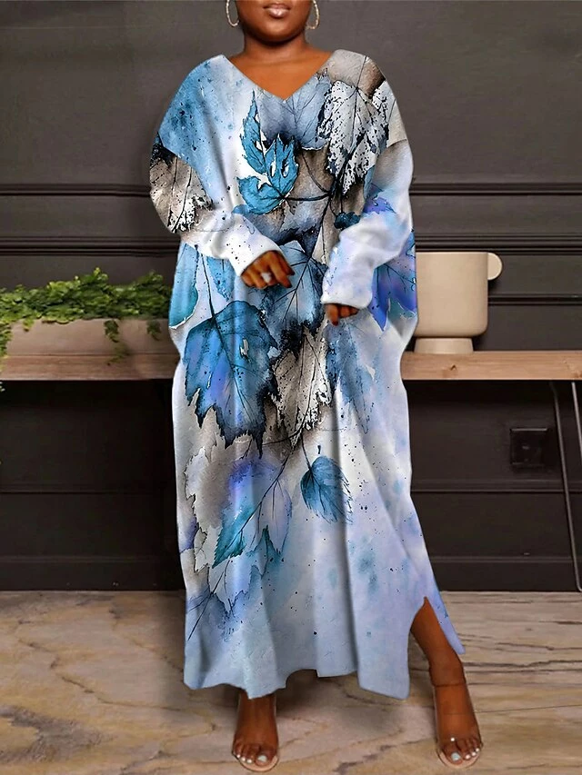 Women's Plus Size Curve Casual Dress Winter Dress Leaf Long Dress Maxi Dress Long Sleeve Print V Neck Fashion Outdoor Blue Purple Fall Winter L XL XXL 3XL 4XL 4 Women's Plus Size Curve Casual Dress Winter Dress Leaf Long Dress Maxi Dress Long Sleeve Print V Neck Fashion Outdoor Blue Purple Fall Winter L XL XXL 3XL 4XL - Image 2