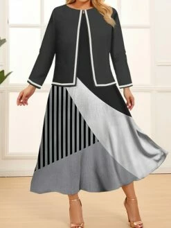 Women's Plus Size Curve Two Piece Dress Set Casual Dress Swing Dress Outdoor Office Fashion Streetwear Print Midi Dress Crew Neck Long Sleeve Geometric Color Block Wine Blue Khaki Spring Fall L