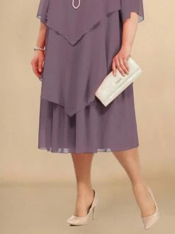 Women's Plus Size Curve Party Dress Work Dress Wedding Guest Dress Midi Dress Light Purple Half Sleeve Pure Color Layered Spring Fall Winter Crew Neck Fashion Winter Dress Evening Party Wedding Guest -LIGHTINTHEBOX Shop dqgelh1692857421104