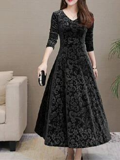 Women's Party Dress Velvet Dress Swing Dress Midi Dress Black Red Green Long Sleeve Floral Jacquard Spring Fall Winter V Neck Fashion Winter Dress Wedding Guest Vacation Slim 2023 M L XL XXL 3XL -LIGHTINTHEBOX Shop dqgimz1630489604576