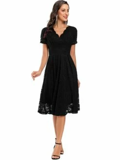 Women's Party Dress Lace Dress Homecoming Dress Midi Dress Black Pink Wine Short Sleeve Pure Color Lace Summer Spring Fall V Neck Fashion Evening Party Wedding Guest Fall Dress 2023 S M L XL -LIGHTINTHEBOX Shop dqnjno1678263182797