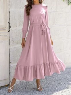 Women's Casual Dress Swing Dress Plain Dress Long Dress Maxi Dress Lace Up Ruffle Street Daily Holiday Fashion Elegant Crew Neck Long Sleeve 2023 Loose Fit Black Yellow Pink Color S M L XL Size