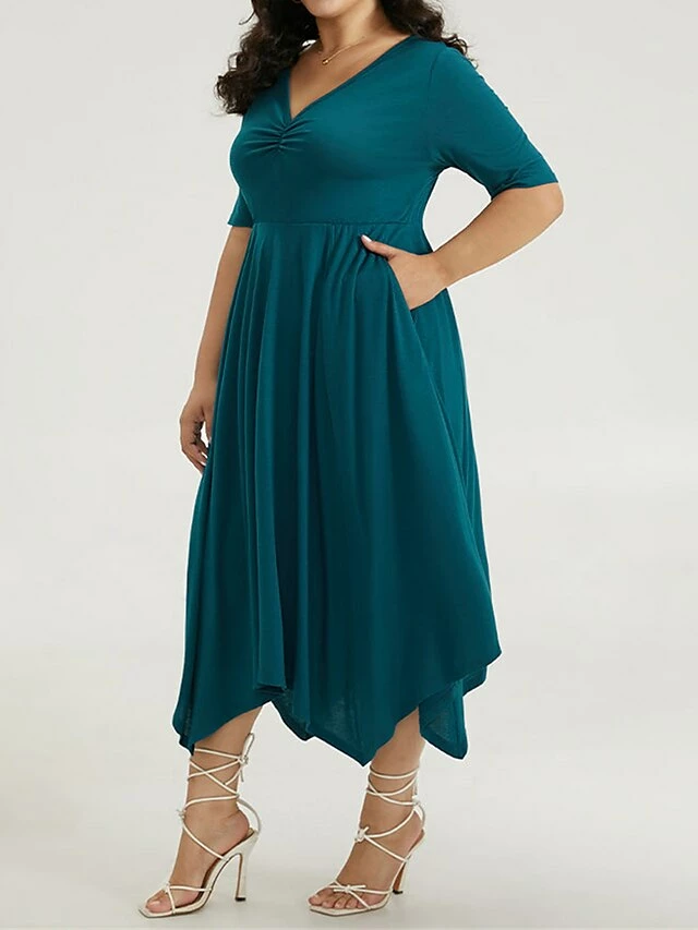 Women's Plus Size Curve Casual Dress Swing Dress A Line Dress Plain Midi Dress Half Sleeve Ruched Pocket V Neck Fashion Daily Dark Green Spring Fall L XL 2XL 3XL 4XL 4 Women's Plus Size Curve Casual Dress Swing Dress A Line Dress Plain Midi Dress Half Sleeve Ruched Pocket V Neck Fashion Daily Dark Green Spring Fall L XL 2XL 3XL 4XL - Image 2
