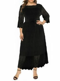 Women‘s Plus Size Curve Prom Dress Party Dress Lace Dress Long Dress Maxi Dress Black 3/4 Length Sleeve Pure Color Lace Summer Spring Fall Square Neck Fashion Winter Dress Birthday Evening