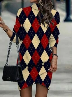 Women's Casual Dress Sweatshirt Dress Winter Dress Geometric Plaid Ruched Print Turtleneck Mini Dress Fashion Streetwear Outdoor Daily Long Sleeve Loose Fit Pink Burgundy Purple Fall Winter S M L XL -LIGHTINTHEBOX Shop drwrhk1694597563767