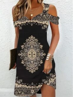 Women's Casual Dress Ethnic Dress Summer Dress Floral Tribal Cold Shoulder Print Strap Mini Dress Vintage Ethnic Outdoor Daily Short Sleeve Regular Fit Black Wine Red Summer Spring S M L XL XXL