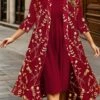 Women's Plus Size Curve Casual Dress Dress Set Two Piece Dress Leaf Floral Midi Dress 3/4 Length Sleeve Print Crew Neck Fashion Outdoor Wine Fall Winter L XL XXL 3XL 4XL