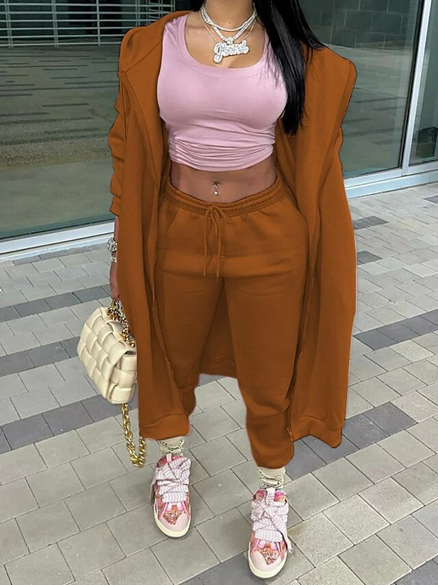 Women's Tracksuit Pants Sets Pink Brown Solid Color Zipper Drawstring Long Sleeve Going Out Casual Daily Fashion Streetwear Hooded Loose Fit Spring Fall & Winter 6 Women's Tracksuit Pants Sets Pink Brown Solid Color Zipper Drawstring Long Sleeve Going Out Casual Daily Fashion Streetwear Hooded Loose Fit Spring Fall & Winter - Image 4