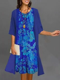 Women's Two Piece Dress Set Casual Dress Print Dress Outdoor Daily Fashion Elegant Print Midi Dress Crew Neck 3/4 Length Sleeve Floral Regular Fit Wine Navy Blue Blue Summer Spring S M L XL XXL -LIGHTINTHEBOX Shop dtjuwe1687920845428