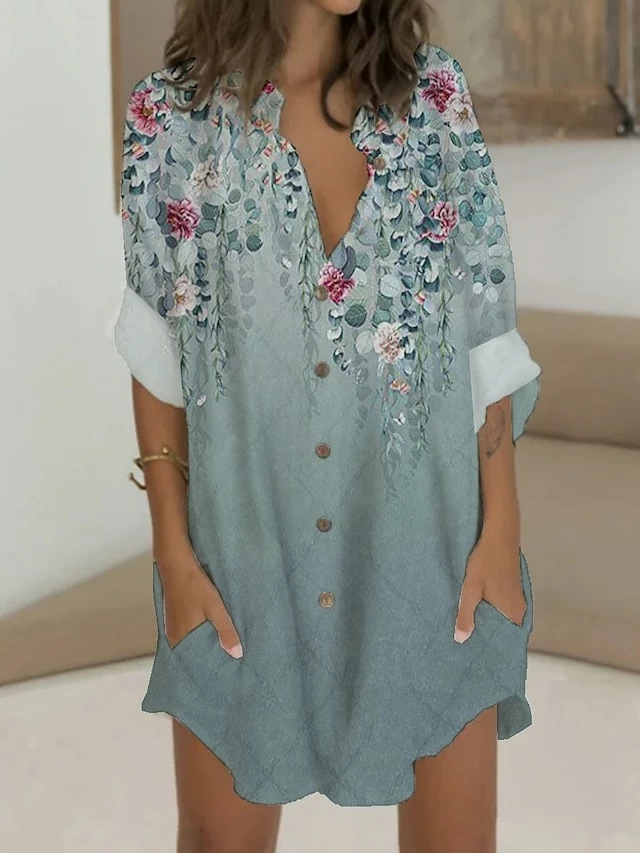 Women's Shirt Dress Casual Dress Shift Dress Mini Dress Outdoor Date Vacation Polyester Fashion Modern V Neck Button Pocket 3/4 Length Sleeve Summer Spring 2023 Regular Fit White Pink Blue Bird Flower 7 Women's Shirt Dress Casual Dress Shift Dress Mini Dress Outdoor Date Vacation Polyester Fashion Modern V Neck Button Pocket 3/4 Length Sleeve Summer Spring 2023 Regular Fit White Pink Blue Bird Flower - Image 5