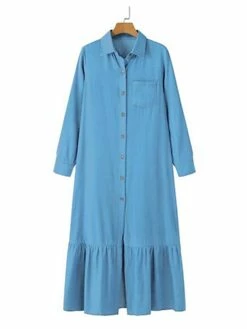 Women's Shirt Dress Casual Dress Maxi Long Dress Outdoor Daily Cotton Fashion Casual Shirt Collar Ruffle Button Long Sleeve Summer Spring Fall 2023 Regular Fit Navy Blue Blue Plain S M L XL XXL -LIGHTINTHEBOX Shop dtoszq1689733364988