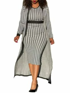 Women's Two Piece Dress Set Casual Dress Sheath Dress Daily Going Out Streetwear Modern Print Midi Dress Crew Neck Long Sleeve Houndstooth Regular Fit Black Fall Winter S M L XL XXL -LIGHTINTHEBOX Shop dtvhjn1695194336697