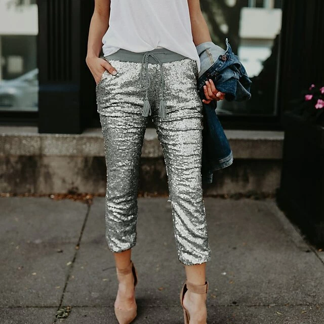 Women's Chinos Pants Trousers Silver Pink Mid Waist Fashion Sparkle Sparkle & Shine Party Weekend Sequins Side Pockets Full Length Comfort Plain S M L XL 4 Women's Chinos Pants Trousers Silver Pink Mid Waist Fashion Sparkle Sparkle & Shine Party Weekend Sequins Side Pockets Full Length Comfort Plain S M L XL - Image 2