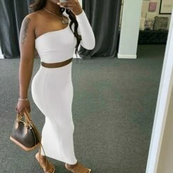 Women's Dress Set Two Piece Dress Skirt Set Long Dress Maxi Dress Black White Pink Long Sleeve Pure Color Cold Shoulder Summer Spring One Shoulder Stylish Winter Dress Fall Dress 2023 S M L -LIGHTINTHEBOX Shop dwaogu1640164792807